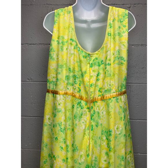 Vtg 70s Floral Chiffon Ruffled Sleeveless Gown Prom Maxi Dress XL - Picture 8 of 10